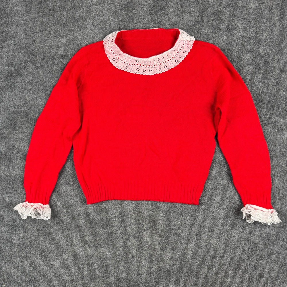 Unbranded Sweater Womens Size S Red Lace Trim Long Sleeve Knit Pullover Vintage